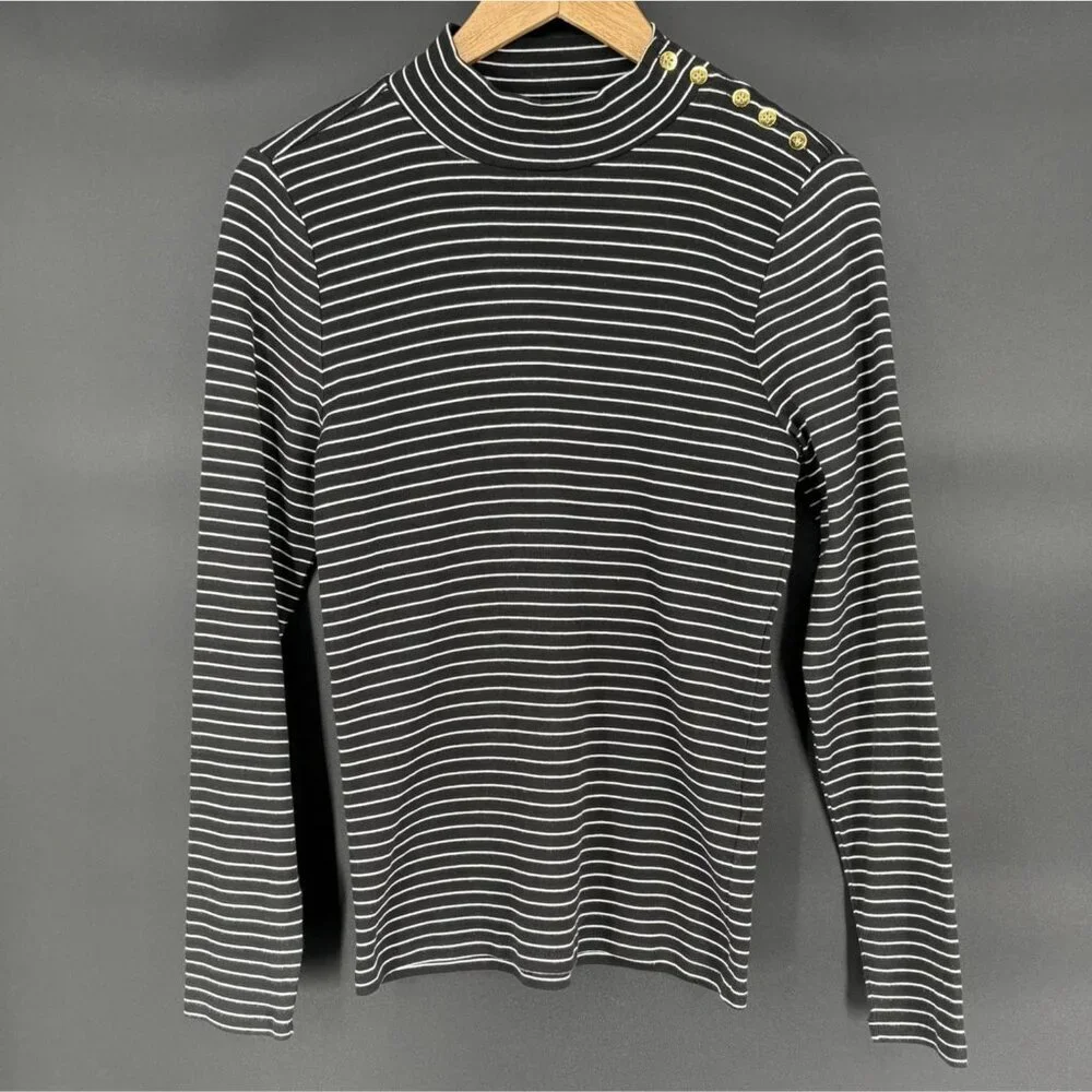 J. Crew Womens Striped Mockneck Top M Black White Preppy Nautical Professional